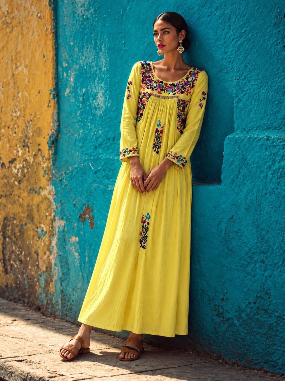 Vintage Artisan Oaxaca Mexico Canary Yellow Embroidered Long Sleeve Maxi Dress S